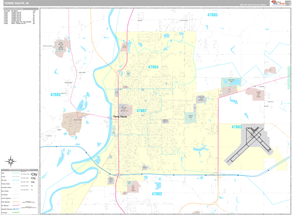 Terre Haute City Wall Map Premium Style